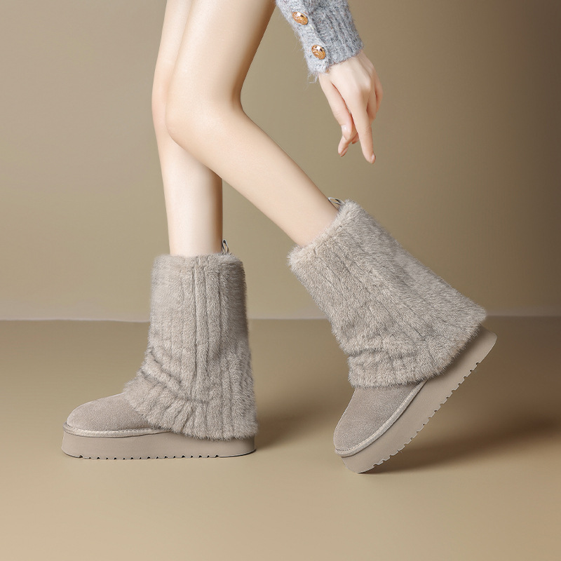 Botas de nieve de cilindro medio para mujeres 2025 nuevo invierno con pantalones gruesos de lana de base gruesa