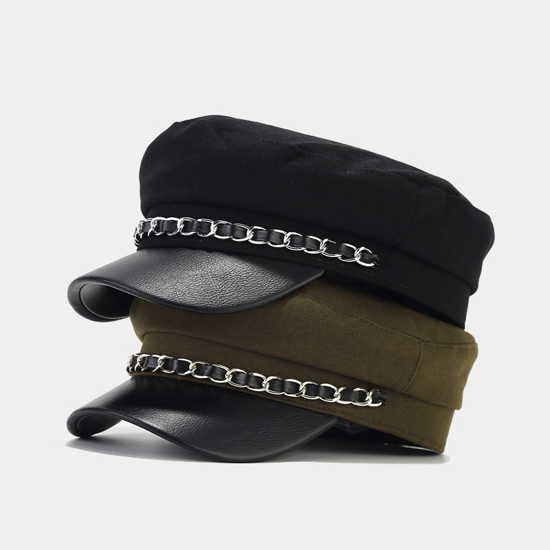 Unisex Elegant Solid Color Chain Curved Eaves Military Hat display picture 1