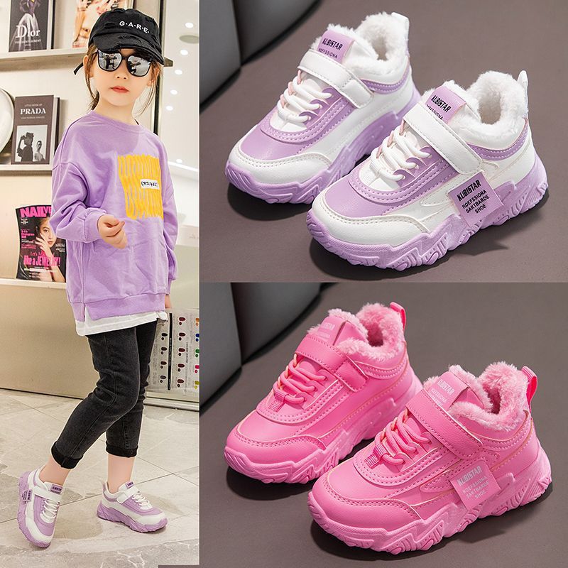 girl Plush gym shoes Autumn and winter 2022 new pattern Leather waterproof soft sole pupil children keep warm shoes