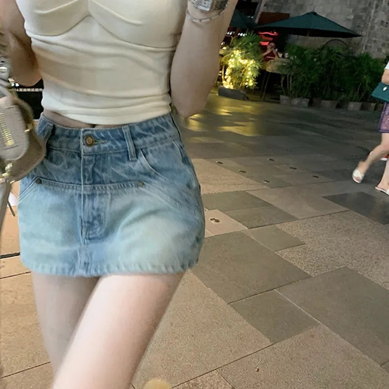 European and American Style 2024 Summer New Small Size Student Basic Style Washed Slim Fit Hip-Hugging Denim Short Skirt for Women