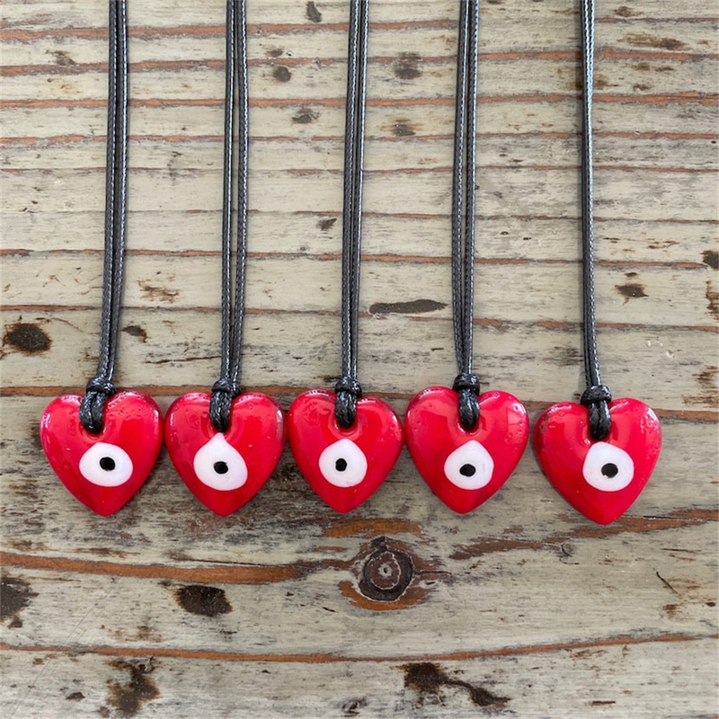 Red Heart-shaped Glass Pendant Evil Eye Necklace Turkey Eye Pendant Black Wax Line Pendant Cross-border Goods
