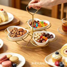 陶瓷心形果盘家用多层分格零食盘聚会点心盘套装金色甜品台装饰