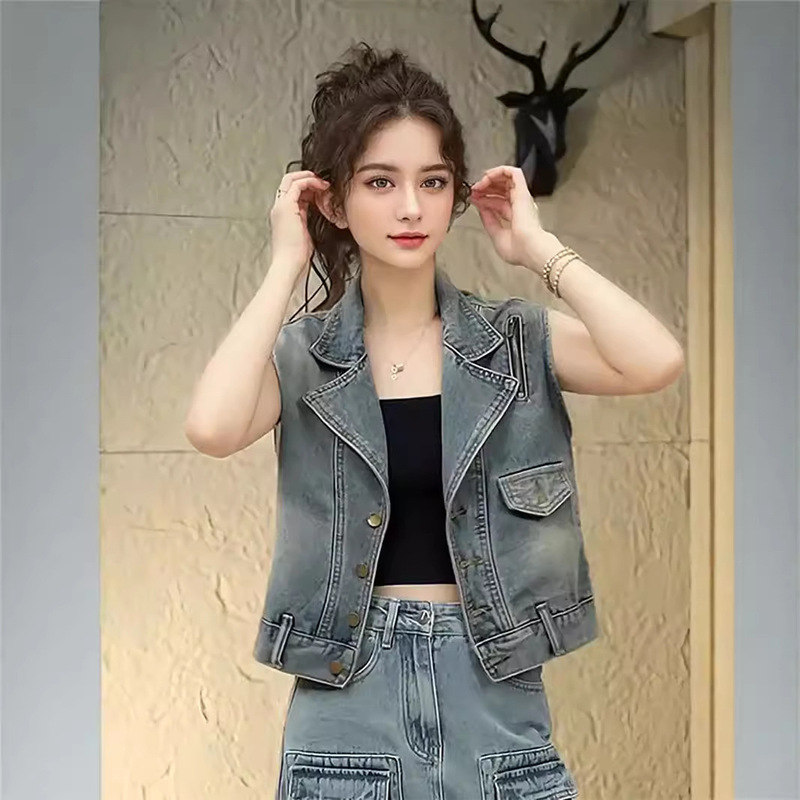 Denim Vest Women's Summer Design Hong Kong Style Motorcycle Retro Sleeveless Waistcoat Vest Short Jacket Denim Vest Women's Summer Design Hong Kong Style Motorcycle Retro Sleeveless Waistcoat Vest Short Jacket