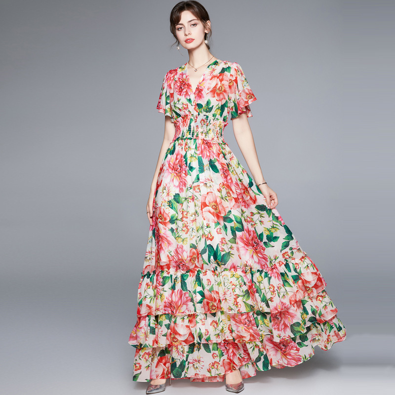 Foreign trade women's real shot in stock V-neck ruffled short sleeve elastic waist printing extended dress Foreign trade women's real shot in stock V-neck ruffled short sleeve elastic waist printing extended dress