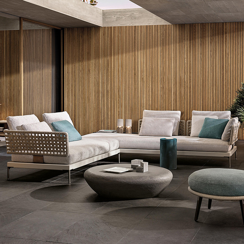 Combinación de sofá de ratán al aire libre Villa nórdica Patio Ocio Muebles de madera maciza Balcón Combinación de cuerda trenzada impermeable y solar