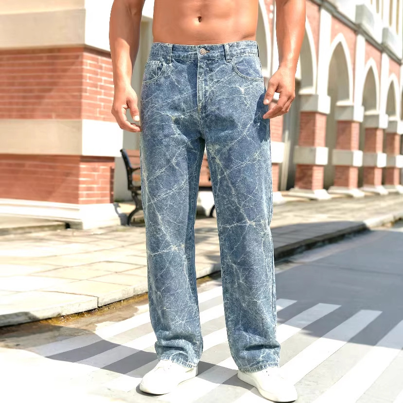 Men's Trendy Versatile Tie Dye Jacquard Wide Leg Straight Leg Jeans Autumn Winter Retro Washed Denim_mkmklike.com