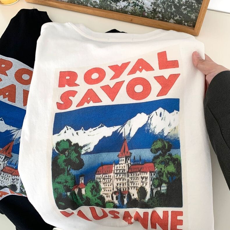 Korean Designer Retro American Style 25 Spring/Summer Landscape Print on the Back Loose Casual T-Shirt Women's Top