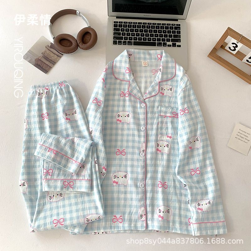 Dolce niña encantadora caricatura perro impresión pijama mujer primavera y otoño nuevo suelto pantalones largos de mangas largas set de ropa para el hogar
