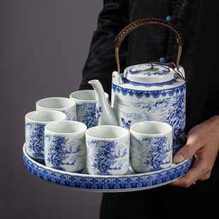 Large Capacity Coil Pot Tea Set with Tray Gift Box Set High White Blue and White Porcelain Water Set for Elder Gifts