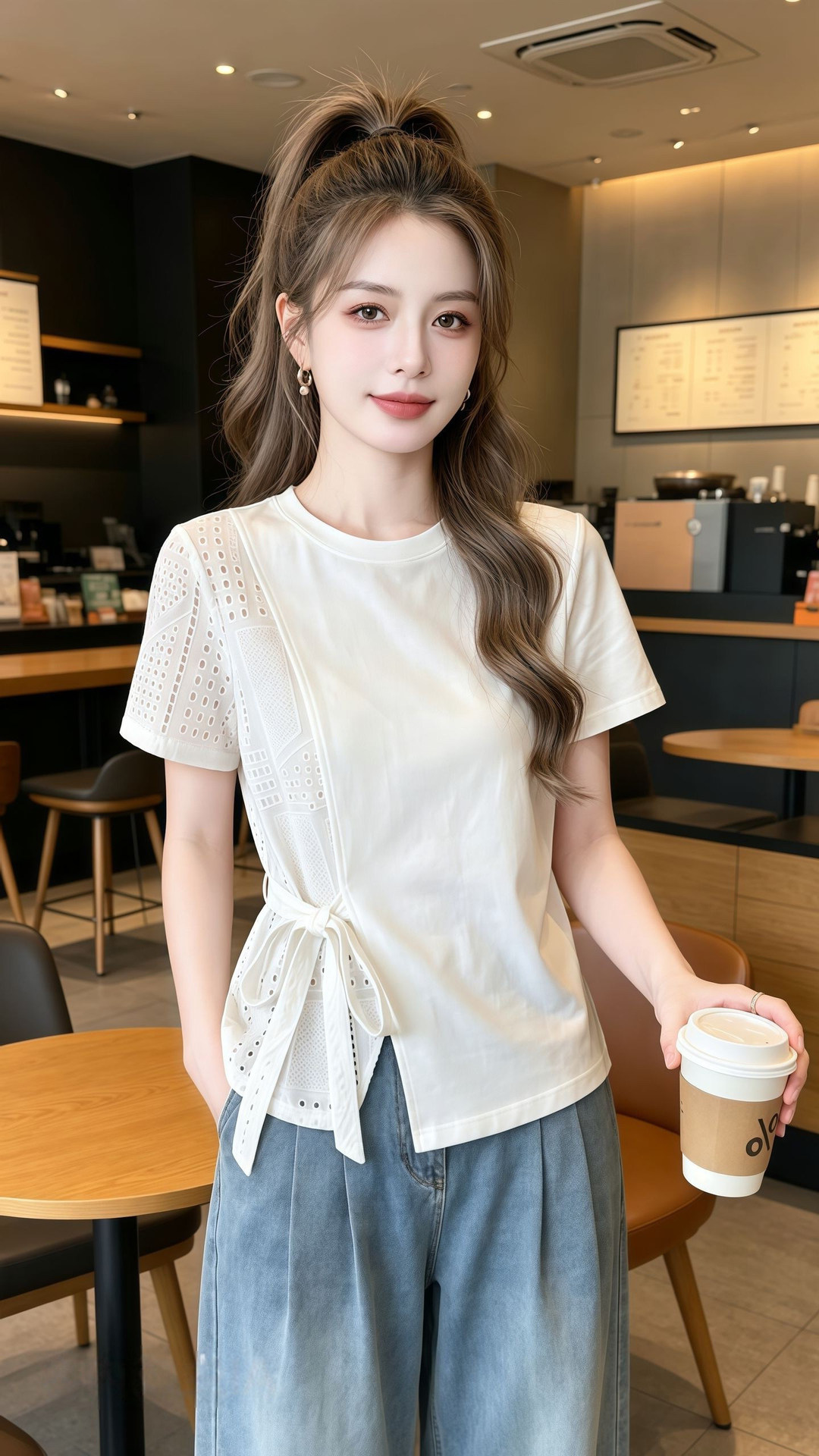 Áo thun nữ tay ngắn thiết kế không đối xứng chạm rỗng, dáng suông thoải mái — màu trắng chi tiết 5