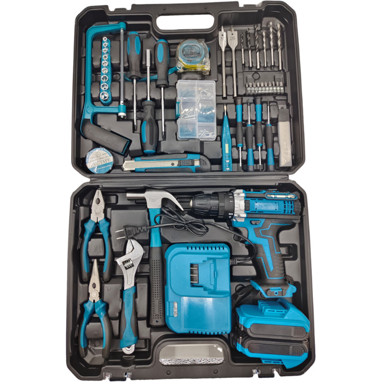 Fuente de fabricación de taladro de litio al por mayor doble chapa azul taladro de litio multifuncional caja azul al por mayor transfronteriza