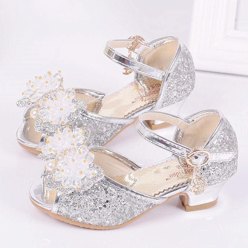 2022夏装新款女童凉鞋小学生儿童高跟鞋子中大童鱼嘴鞋公主水晶鞋