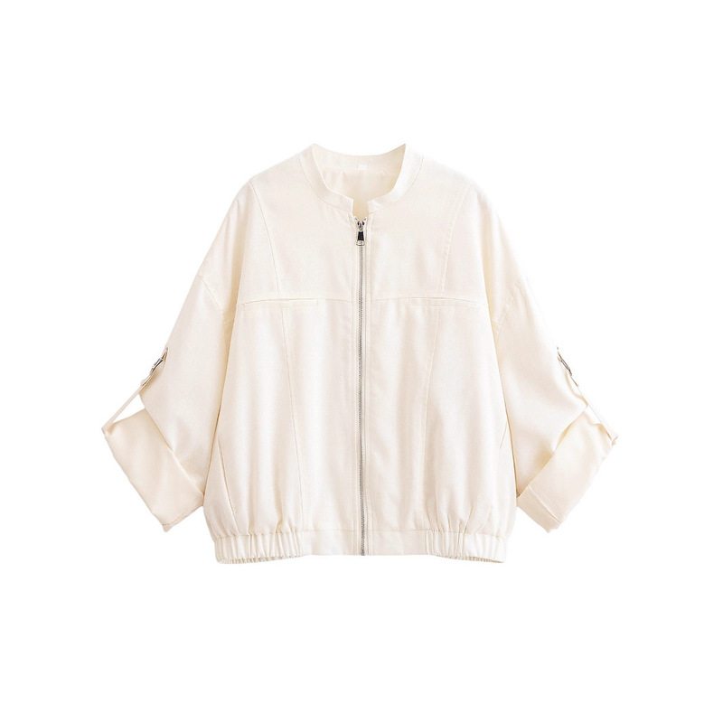 Cross-Border Women's Clothing 2026 Autumn European and American Fashion Casual Zipper-Decorated Stand-Up Collar Roll-Up Sleeve Jacket for Women W11505