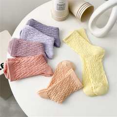 Cream-colored combed cotton socks for women, mid-calf, solid color all-cotton mesh candy socks, trendy, breathable, for girls in summer