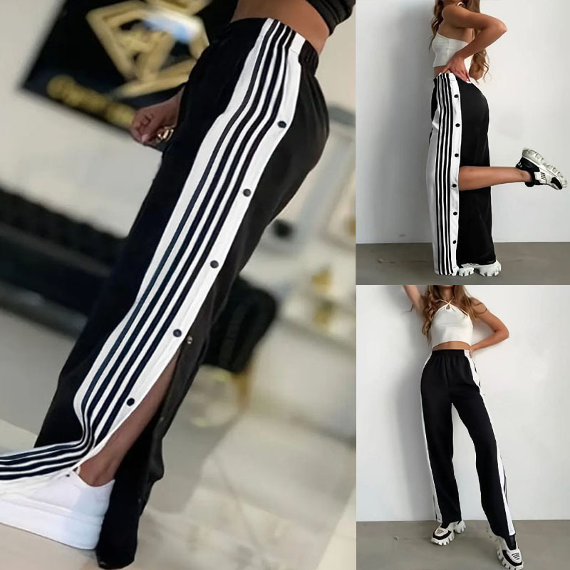 Tume Amazon European and American Cross-Border Foreign Trade Straight-Leg Pants Women's Fashion Trendy Striped Side Button Wide-Leg Trousers