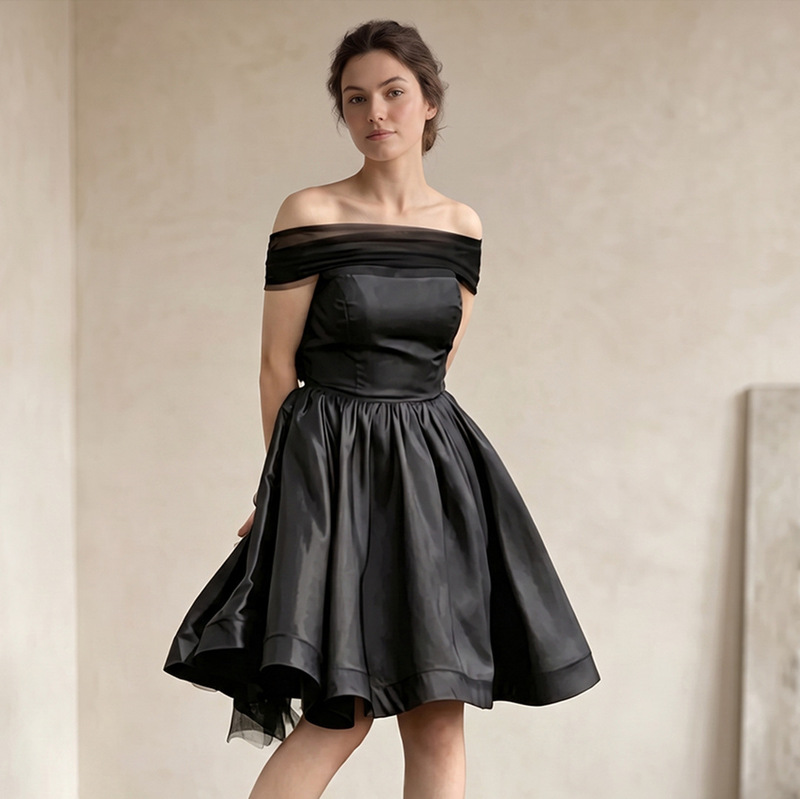 Cross-border simple short black off-shoulder light wedding dress for brides, engagement, registration, and evening gown with a unique design, wholesale