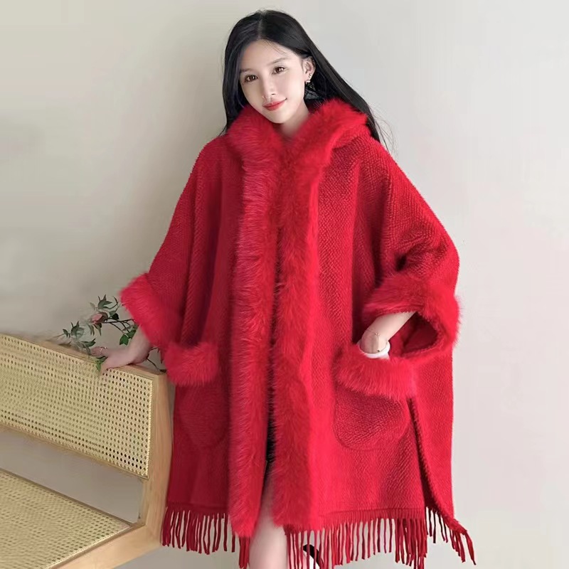 Extra Fleece, extra dicker Wollkragen, Kapuzentasche, Schal, Umhang, lockere Strickjacke, großer Wollmantel für Damen_voghion.com