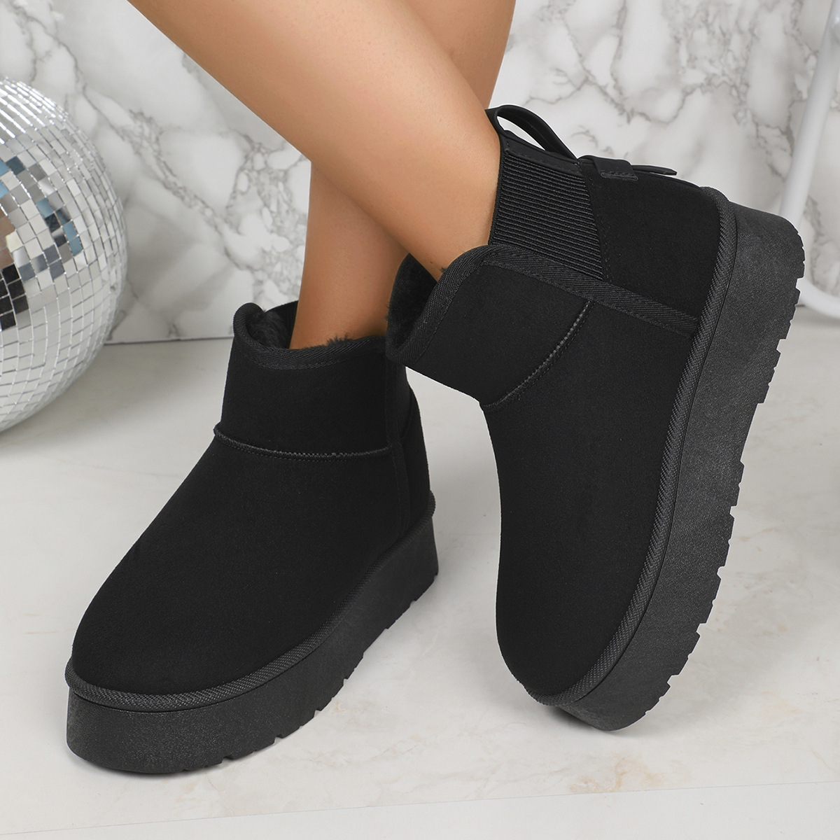 New women's snow boots with fleece thick sole warm snow cotton shoes brown black with wool inside_voghion.com