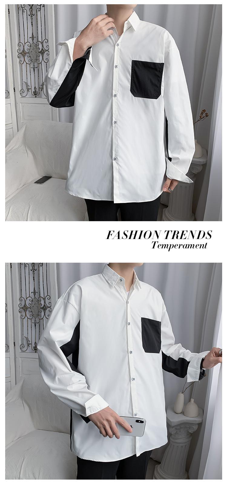 Men's Black And White Patchwork Long Sleeve Casual Shirt Trendy_voghion.com