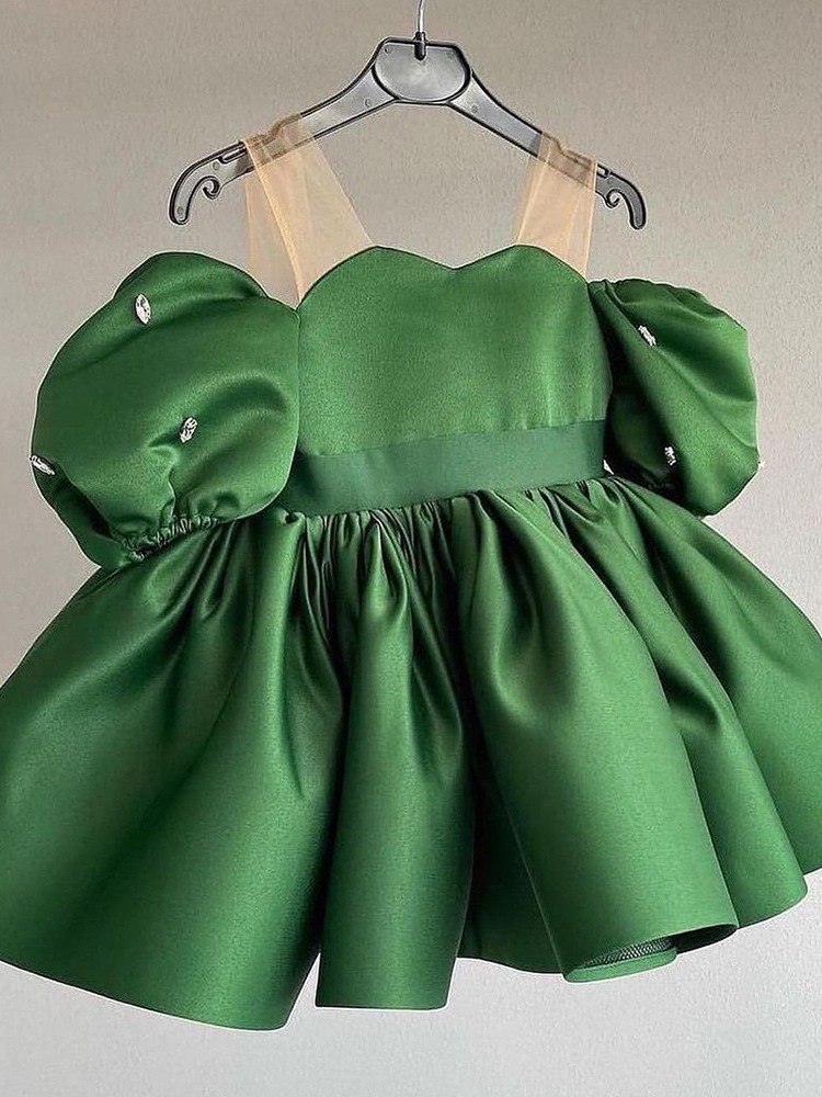 Prinzessinnenkleid für Mädchen, einfarbig, One-Shoulder, Puffärmel, Bühnenkostüm, Weihnachts-Livestream für Babys_voghion.com