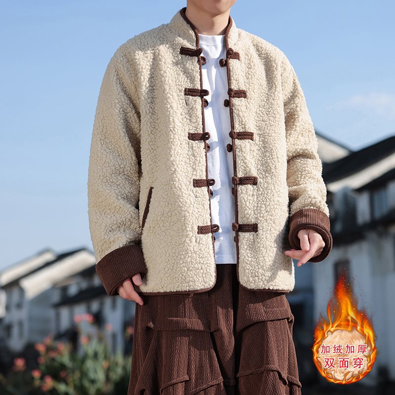 New Chinese-Style Wheat Ear Lamb Wool Fleece-Lined Thickened Reversible Cotton Jacket for Men Jk21-P135 Control 158