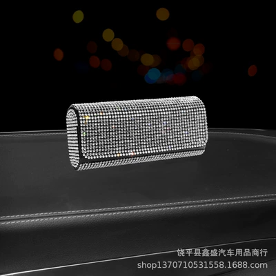 Diamond-Encrusted Car Glasses Case, Multi-Functional Sunglasses Storage Box, Full-Diamond Women's Car Glasses Case, Sun Visor Storage Supplies (Car Glasses Clip/Bill Clip) - white-diamond