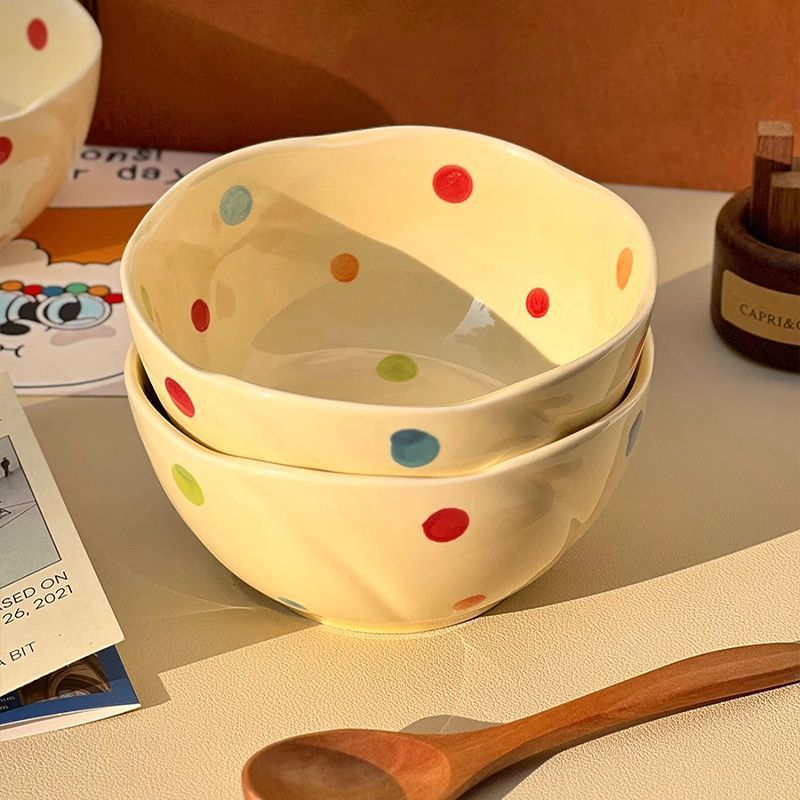 インカラフルな水玉模様のセラミックかわいい釉下色のライスボウル家庭用クリーム食器セット高価値の新しいスタイル|undefined
