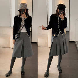 两面穿格雷系灰色百褶裙中裙知识分子2025秋冬季羊毛毛呢半身裙女