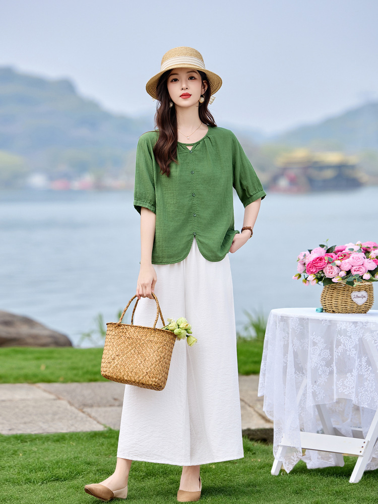 Bộ sơ mi phối quần ống đứng hai mảnh phong cách tân cổ điển MM6615 — màu sắc, xanh lá cây