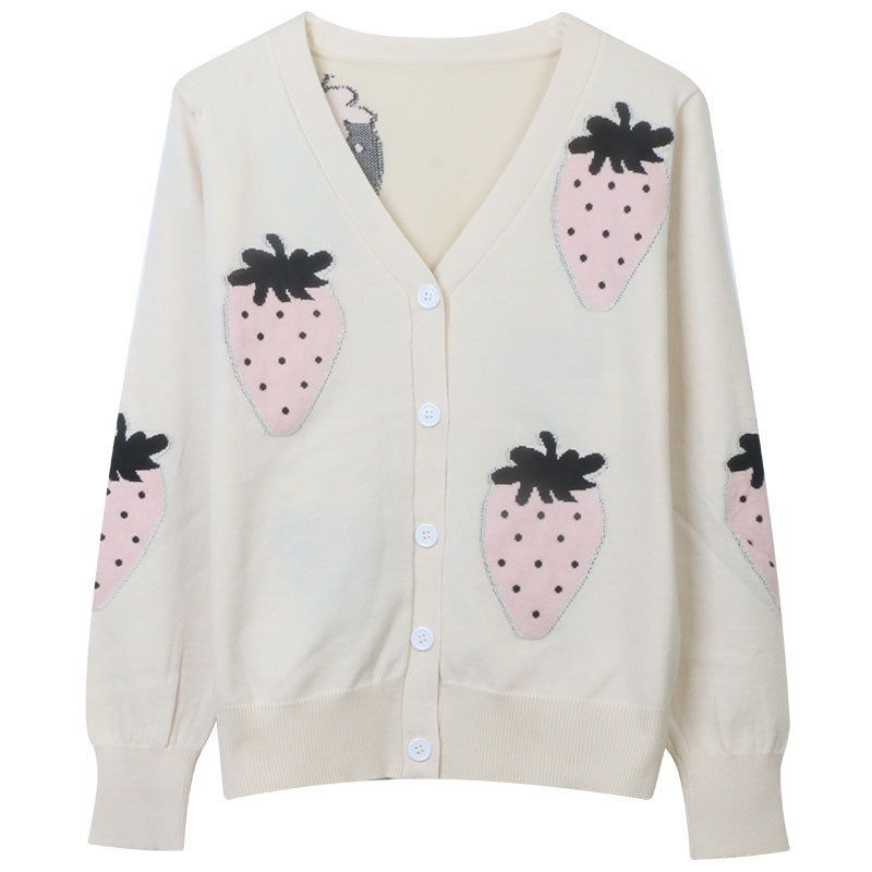 Autumn Knitted Cardigan 2023 New Women's Strawberry Jacquard Sweet Age-reducing Slim-fit V-neck Long-sleeved Thin Top