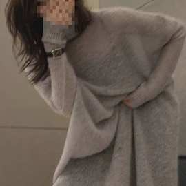 港味时髦气质宽松慵懒风高领毛衣女秋冬薄款韩版中长款针织连衣裙