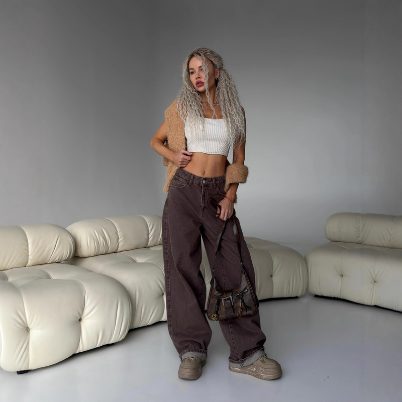 High-End Light Luxury Coffee-Colored Low-Rise Spicy Girl Jeans for Women, American Retro Drape Slimming Flared Floor-Length Pants Women's Clothing