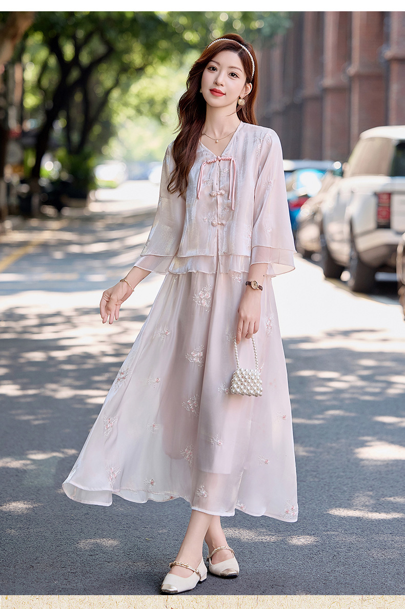 Bộ đầm maxi nữ thắt eo phong cách Trung Hoa mới tay ngắn cổ đứng — Màu như hình chi tiết 8