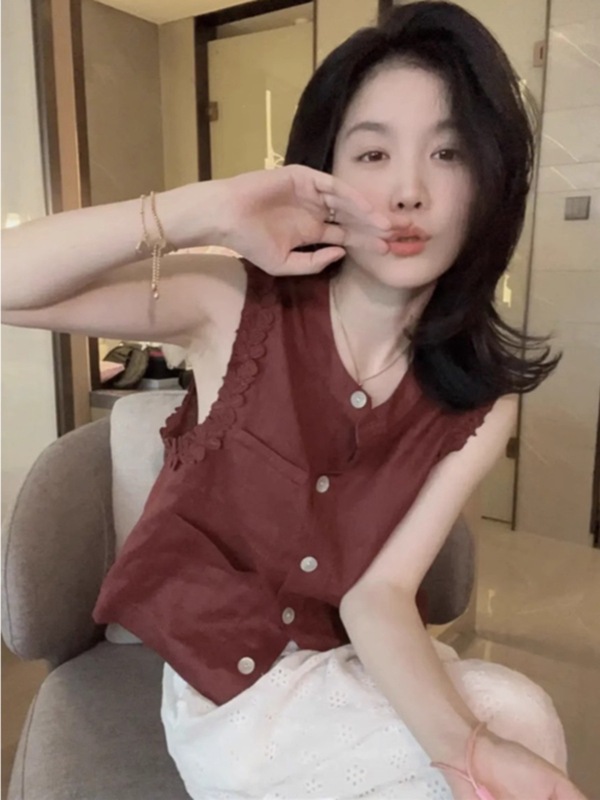 ノースリーブベスト綿とリネンのベストシャツ女性の夏のデザインニッチトップフレンチユニークでシックなラミーシャツ|undefined
