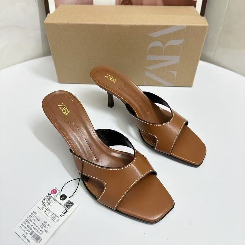 Za2025 Summer Retro Brown Quilted Square Toe Slippers Stiletto Sandals One-Line Trailer Stitching Elegant