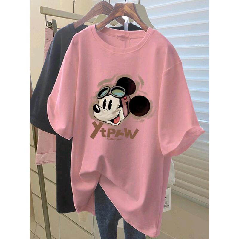 With Shark Pants Cotton Short-sleeved T-shirt Women's Mid-length Loose Casual plus size Top Pink Base Shirt Summer