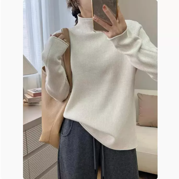 纯色保暖针织常规款女毛衣套头长袖羊毛衫圆领内搭半高领秋冬