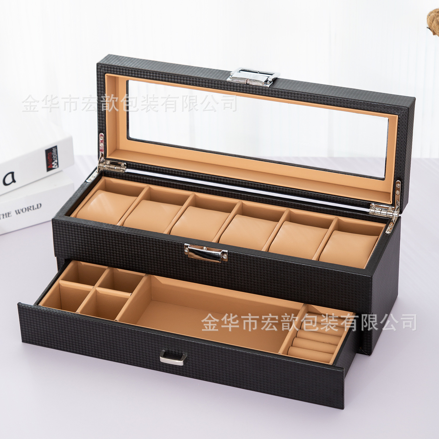 En stock al por mayor de fibra de carbono multi-epítopos caja de reloj gafas de reloj caja de joyería de almacenamiento Pantalla Reloj caja de embalaje