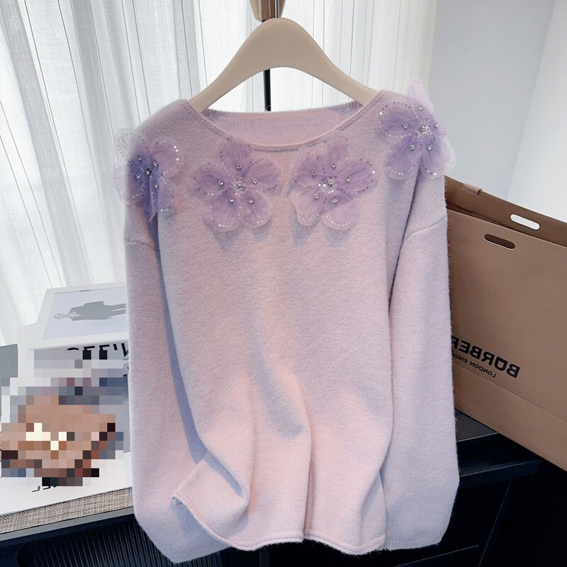 Super Nice Purple Round Neck Right Shoulder Knitwear for Women Autumn and Winter Large Size Fat Hot Diamond Three-Dimensional Flower Knitwear