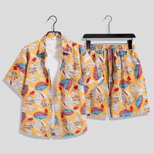 King Coconut Leaf Flower Shirt Shorts Suit Men's Hawaiian Beach Short-Sleeved Shirt Couple Wear 2025 New Style