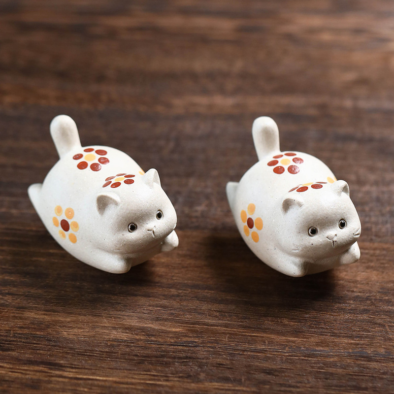 Yixing Original Purple Clay Tea Pet Lucky Cat Small Flower Cat Figurine Sculpture Handmade Personalized Creative Cute Healing Cat