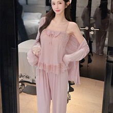 睡衣女春秋莫代尔棉纯色朵扶长袖长裤吊带三件套加胸棉家居服