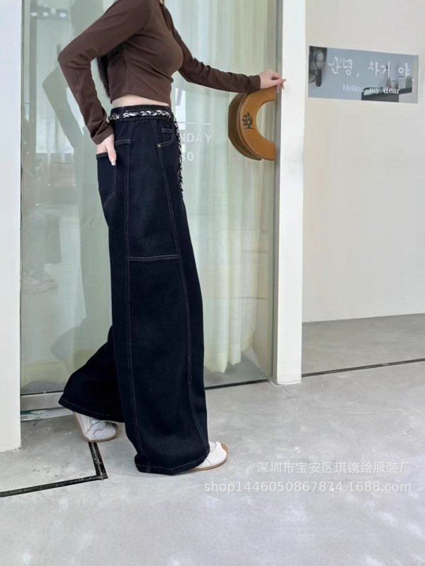 琪镌绘制秋季新款工装风弧形香蕉裤松弛感阔腿镰刀牛仔裤女8818|undefined