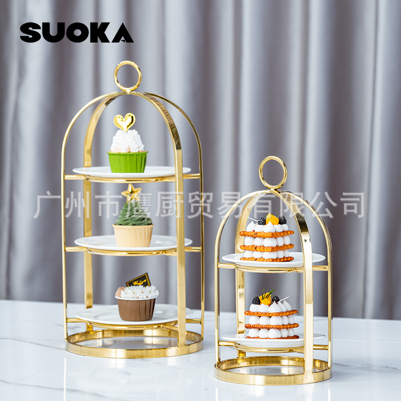 Internet Celebrity Scandinavian Accessible Luxury Golden Ceramic Double-Layer Three-Layer Cake Dessert Afternoon Tea Snack Stand Fruit Platter Display