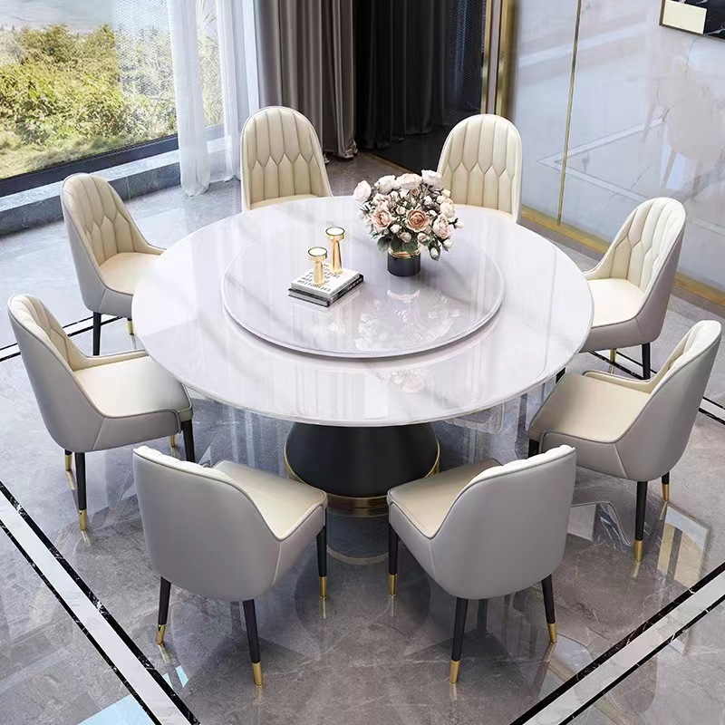 轻奢餐桌椅组合亮光岩板圆形小蛮腰餐桌现代简约家用饭桌带转盘