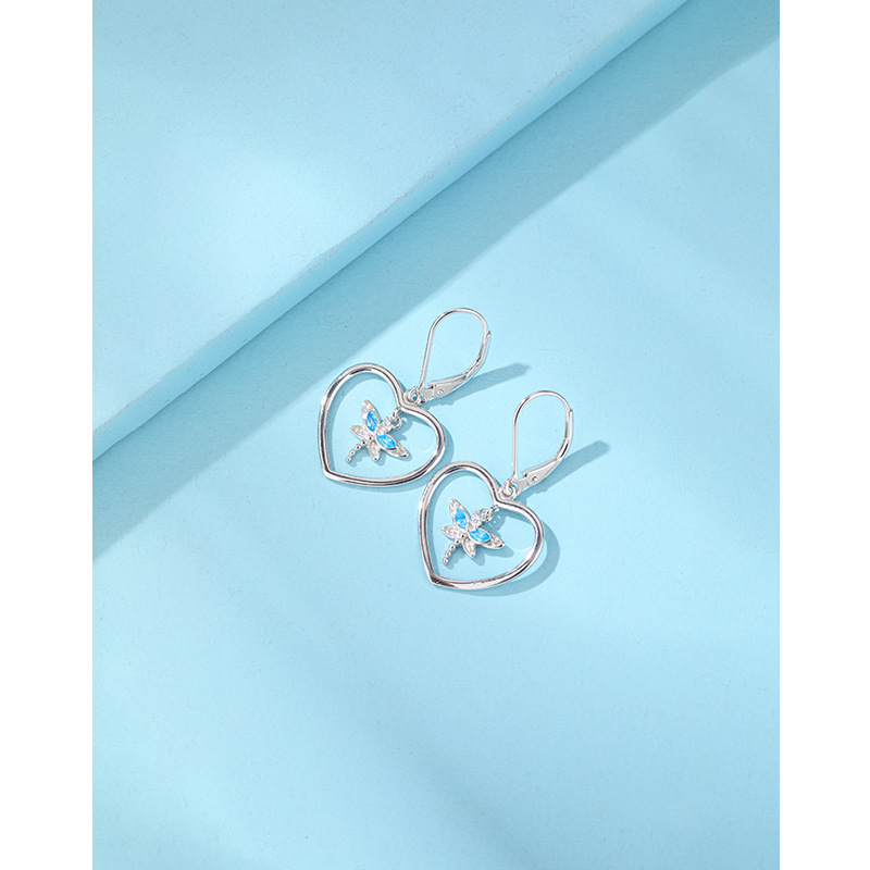 925 plata esterlina libélula aretes en forma de corazón para mujeres joyas transfronterizas japonesas y coreanas nicho de alto nivel Zircon amor pendientes