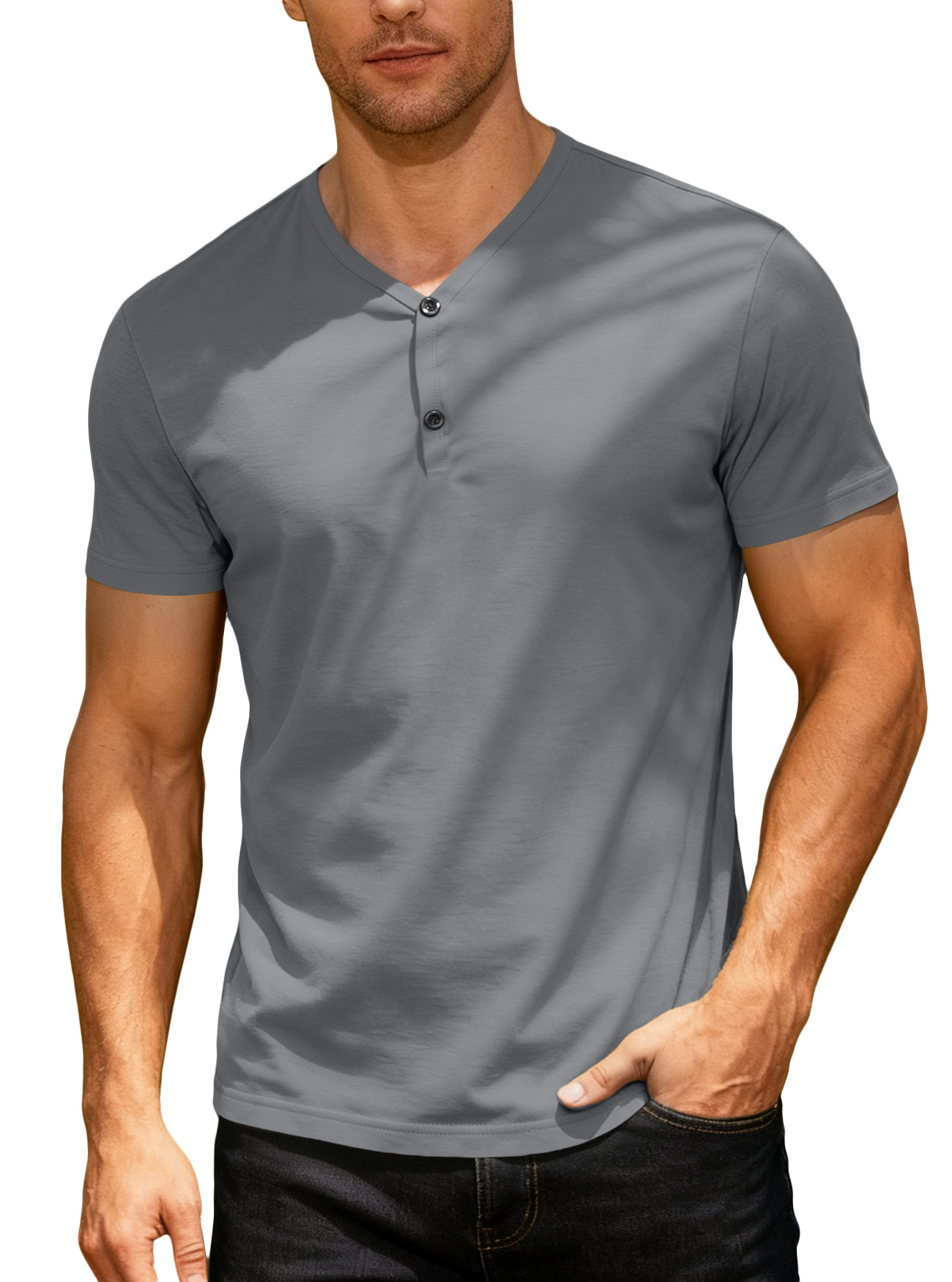 2025 TEMU transfronterizo hombre europeo y americano color sólido cuello V transpirable sudor deportivo casual ligero camiseta de manga corta regular