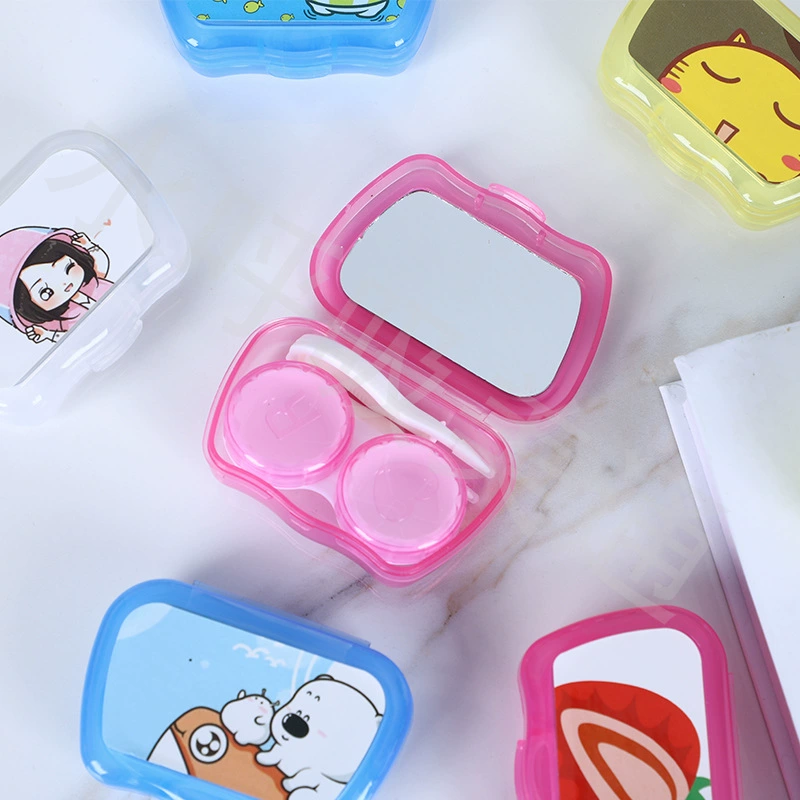 Cartoon Handheld Double Contact Lens Case, Small Mirror, Random Pattern, 0.03 kg