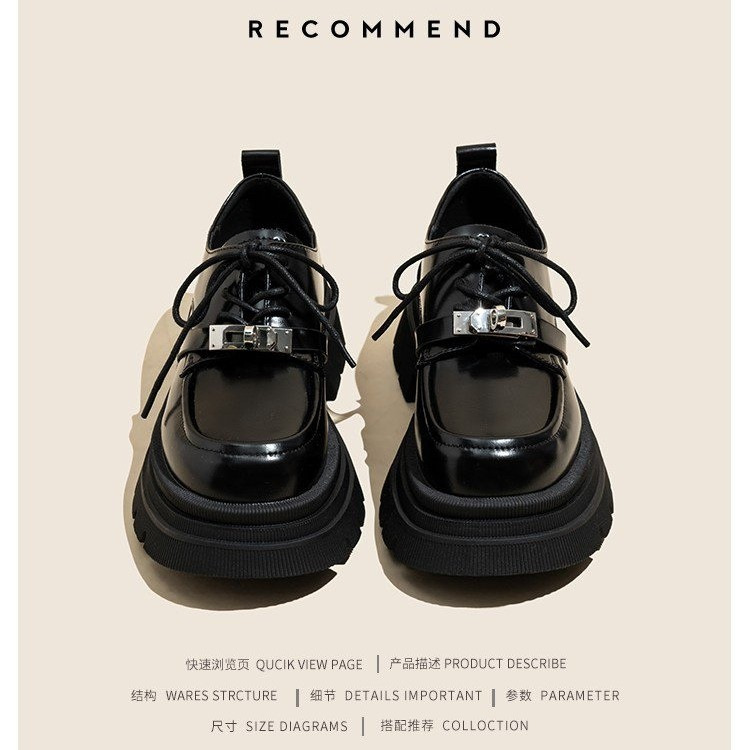 Zapatos de cuero negros de suela gruesa, nuevos tirantes de primavera y otoño, estilo británico, zapatos lofu, zapatos individuales altos, delgados y simples