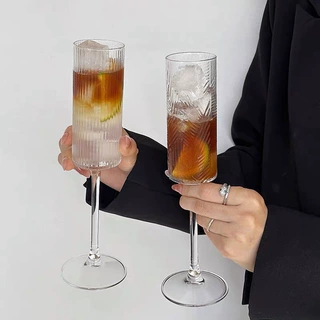 ins风条纹高脚杯创意鸡尾酒杯香槟杯冰美式咖啡杯气泡酒杯甜酒杯